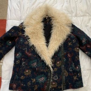 Free People Jacquard Wool Coat w/ Faux Fur
